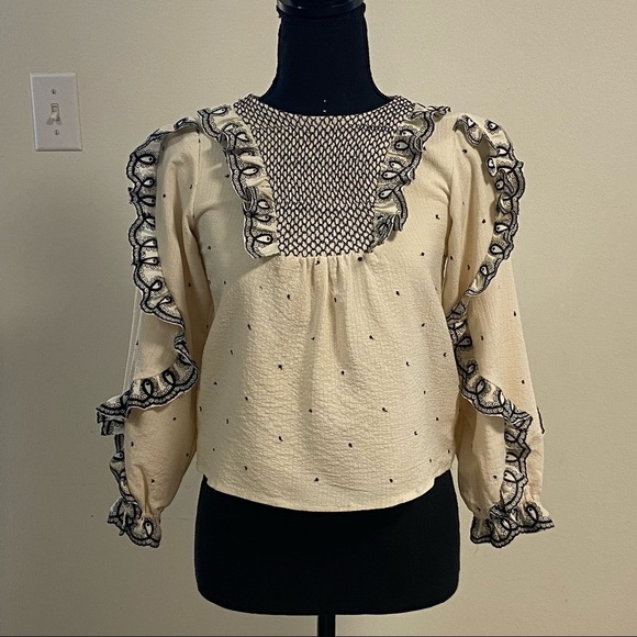 Ruffle Blouse Women’s Size Small white black Cropped Embroidered Ruffle Top - Picture 8 of 11